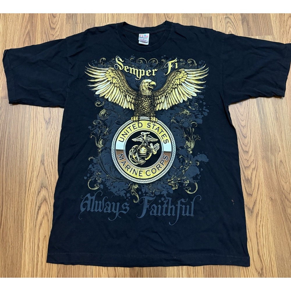 USMC Marine Corps Semper Fi Eagle Graphic T Shirt Mens Large Made In USA Bayside